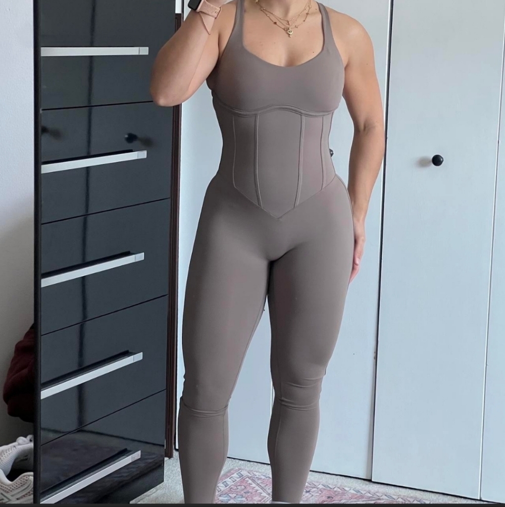 Buffbunny Chai Latte Beige Corset Bustier Bodysuit Jumpsuit md